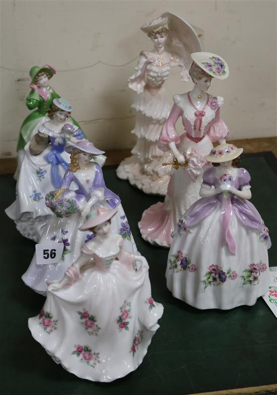 Seven Coalport figurines: Forget-me-not, Sweet Violet, Sweet Rose, Sweet Holly, Sweet Anemone, Lady Caroline and Meeting At Ascot